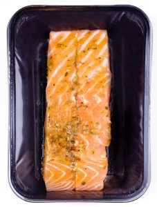 Salmon trayskin packaging. 
Can be fresh or frozen.
Available in variable or fixed weight
