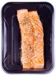 Salmon trayskin packaging. 
Can be fresh or frozen.
Available in variable or fixed weight